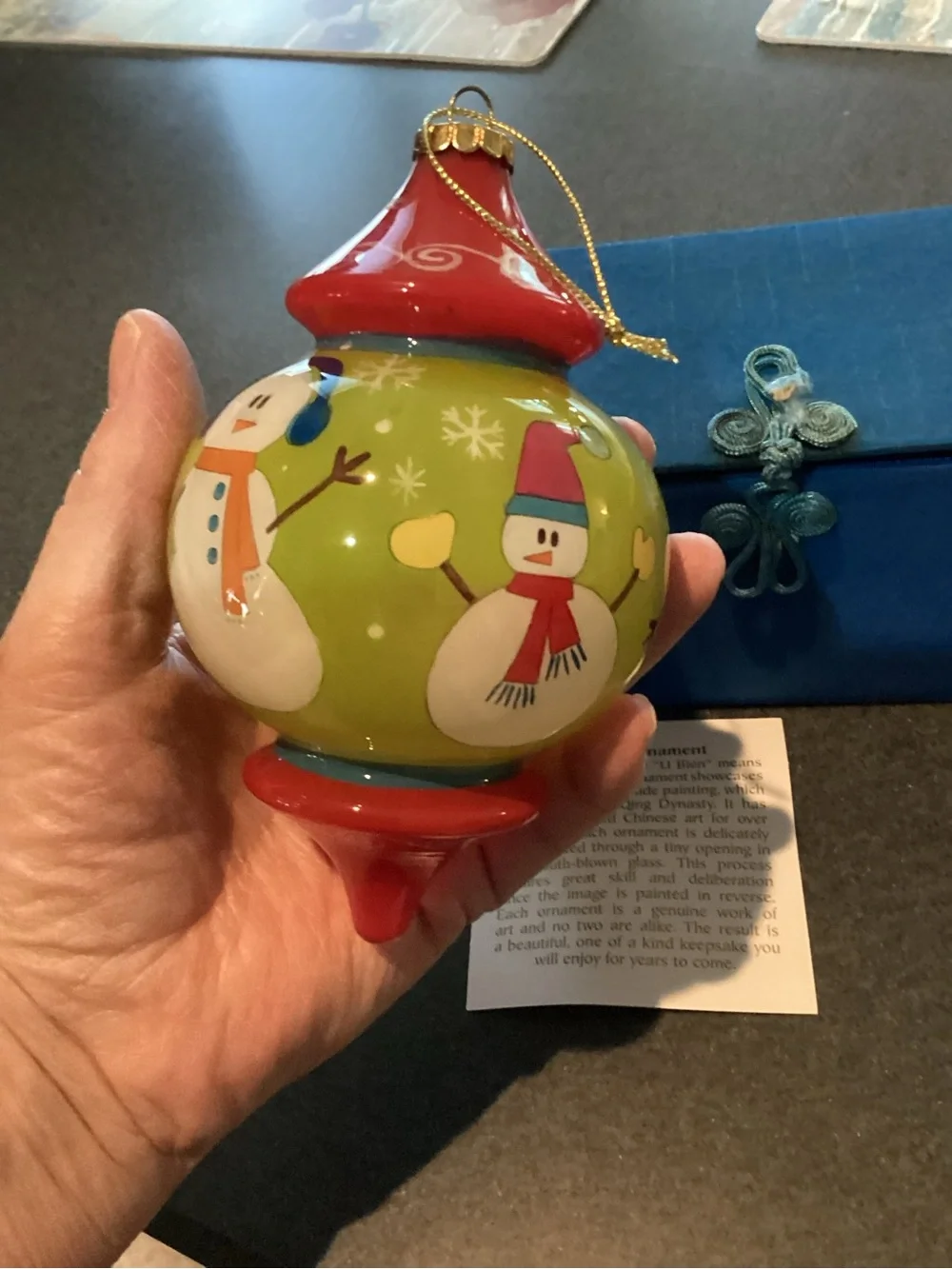 Pier 1 Green and Red Snowman Glass Ornament